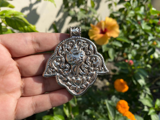 Handmade Tibetan Silver Pendant with Snail and Floral Design Carving | Pendant for Necklace, Bohemian Statement Jewelry, Unisex Daily Wear
