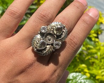 Handmade Tibetan Silver Ring adorned with Citrine and White Topaz.