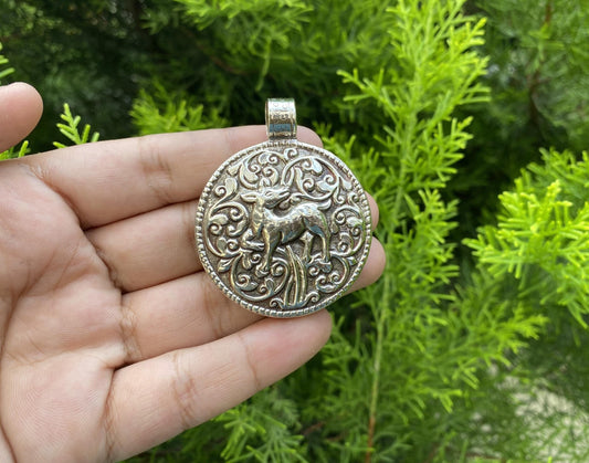Handmade Tibetan Silver pendant with Carved Deer and Floral Design | Nature-Inspired Ethnic Jewelry from Nepal,Unique Animal Lover's Pendant