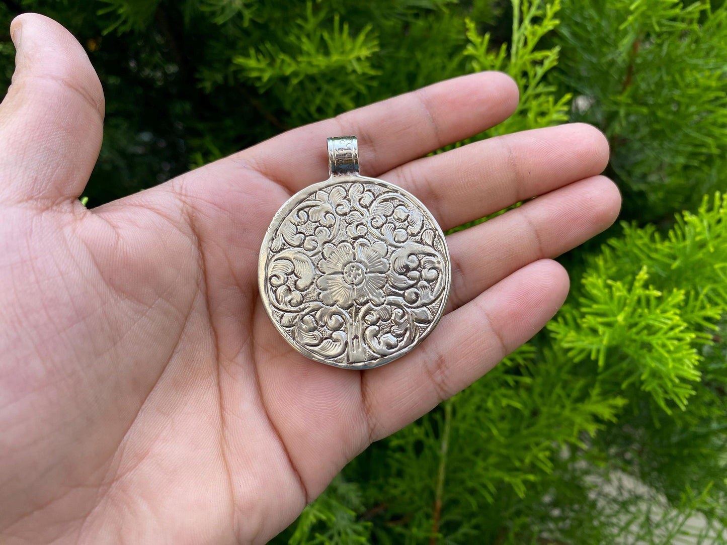Handmade Tibetan Silver pendant with Carved Deer and Floral Design | Nature-Inspired Ethnic Jewelry from Nepal,Unique Animal Lover's Pendant