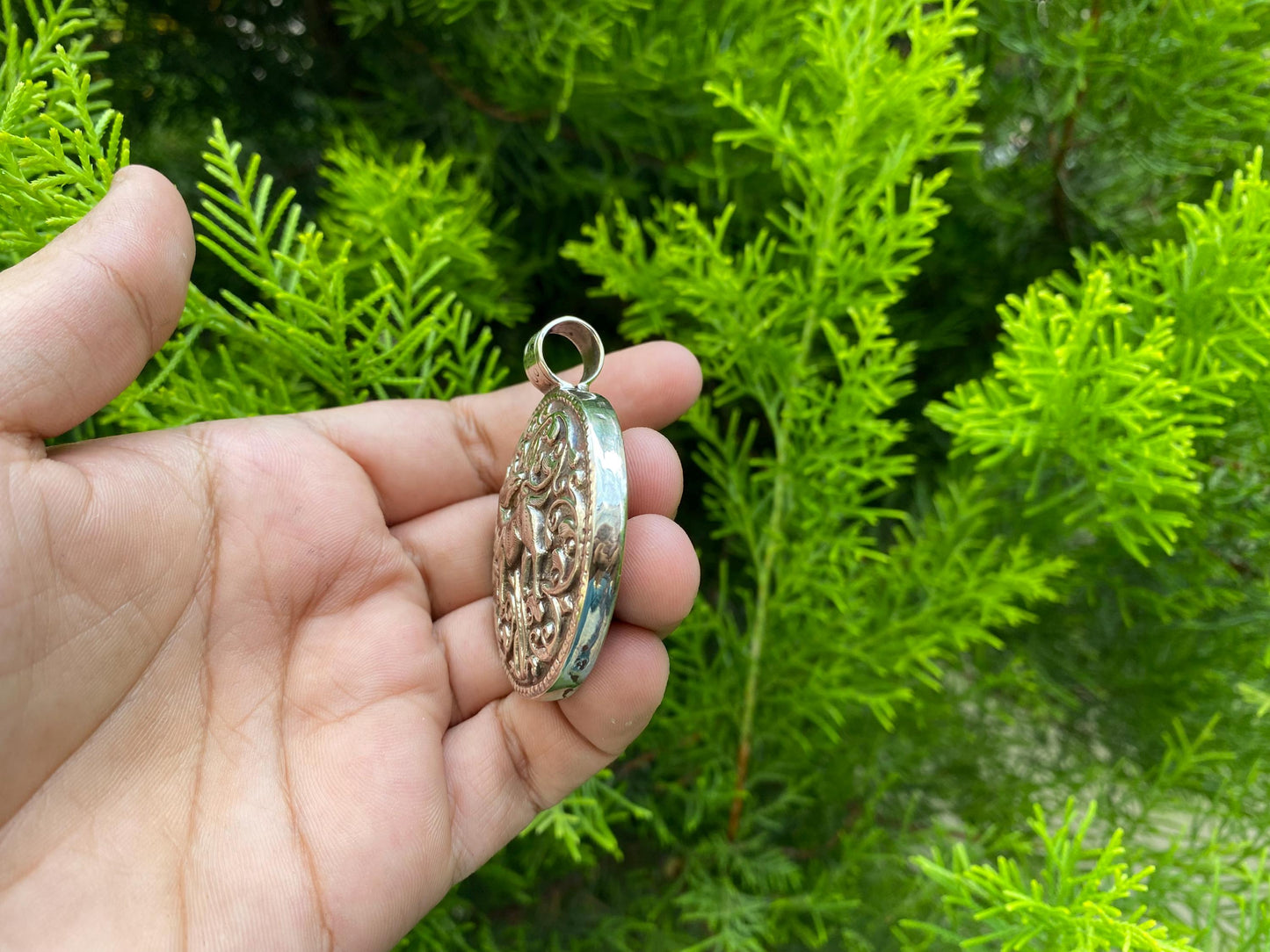 Handmade Tibetan Silver pendant with Carved Deer and Floral Design | Nature-Inspired Ethnic Jewelry from Nepal,Unique Animal Lover's Pendant