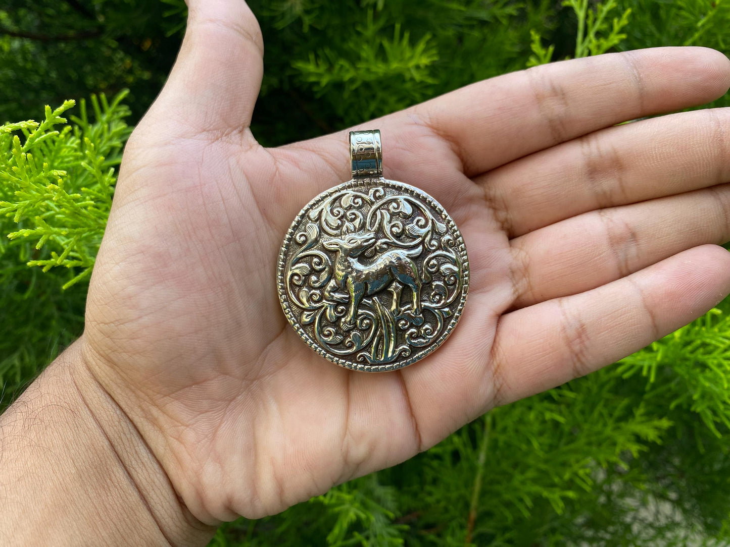 Handmade Tibetan Silver pendant with Carved Deer and Floral Design | Nature-Inspired Ethnic Jewelry from Nepal,Unique Animal Lover's Pendant