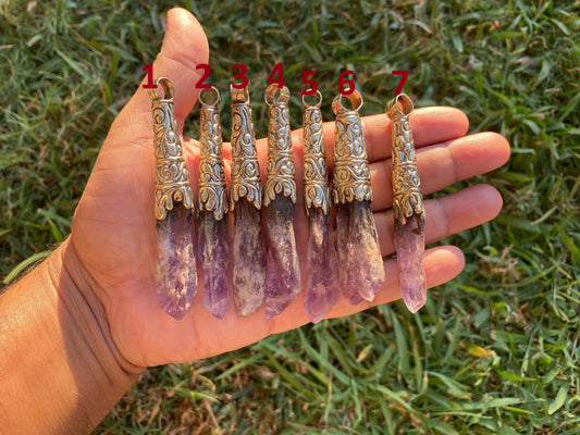 Long Shape Raw Amethyst Tibetan Silver Pendant, Natural Stone, Healing Crystal, Purple Crystal, Spiritual Gift, Energetic Protection