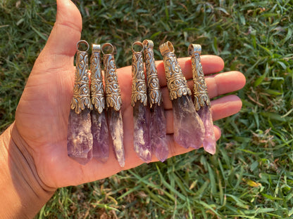 Long Shape Raw Amethyst Tibetan Silver Pendant, Natural Stone, Healing Crystal, Purple Crystal, Spiritual Gift, Energetic Protection