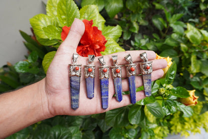 Lapis lazuli with Red Coral Tibetan Silver Pendant | Healing Jewelry, Nature-Inspired, Unisex Pointed Pendant for Daily Wear,Handmade Design