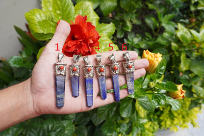 Lapis lazuli with Red Coral Tibetan Silver Pendant | Healing Jewelry, Nature-Inspired, Unisex Pointed Pendant for Daily Wear,Handmade Design