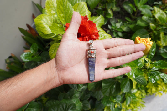 Lapis lazuli with Red Coral Tibetan Silver Pendant | Healing Jewelry, Nature-Inspired, Unisex Pointed Pendant for Daily Wear,Handmade Design