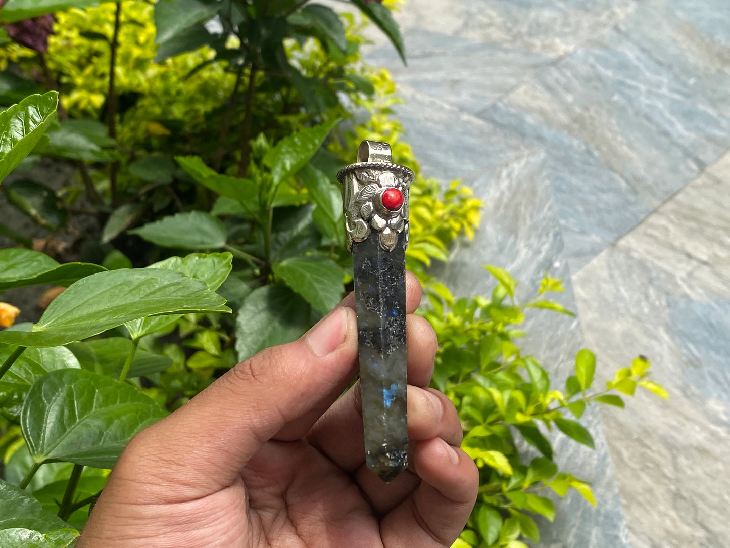 Healing Labradorite Pendant with Boho Charm, Daily wear pendant, Pointed Pendant, Coral adorned pendant.