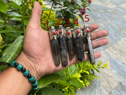 Healing Labradorite Pendant with Boho Charm, Daily wear pendant, Pointed Pendant, Coral adorned pendant.