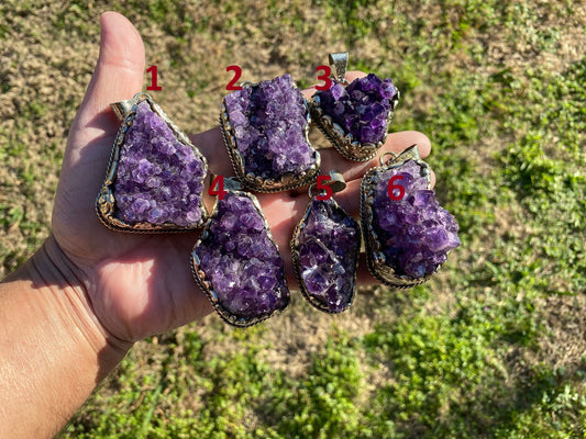 Raw Amethyst Druzy Natural Stone Tibetan Silver Pendant, Healing Pendant, Hill Tribe Women's Jewelry, Birthstone Pendant, Pendant Necklace