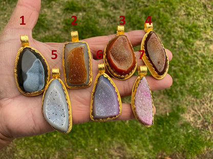 Raw Agate Druzy Stone Non Tarnish Brushed Gold Overlay Pendant, Healing Pendant, Hill Tribe Women's Jewelry, Birthstone Pendant for Necklace