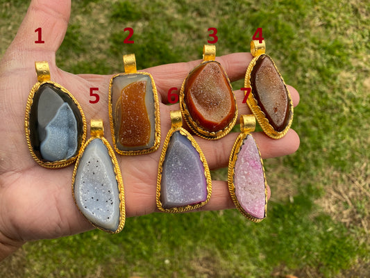 Raw Agate Druzy Stone Non Tarnish Brushed Gold Overlay Pendant, Healing Pendant, Hill Tribe Women's Jewelry, Birthstone Pendant for Necklace