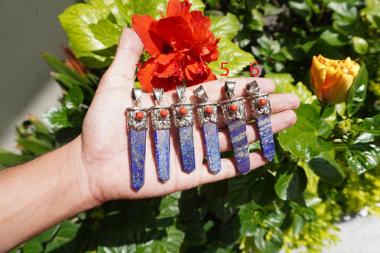 Lapis lazuli with Red Coral Tibetan Silver Pendant | Healing Pendant, Natural Gemstone, Unisex Pendant, Pointed Pendant, gift ideas