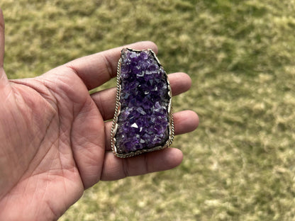 Heavy Large Raw Amethyst Natural Stone Tibetan Silver Pendant, Healing Stone Pendant for Necklace, Hill Tribe Jewelry, Birthstone Jewelry