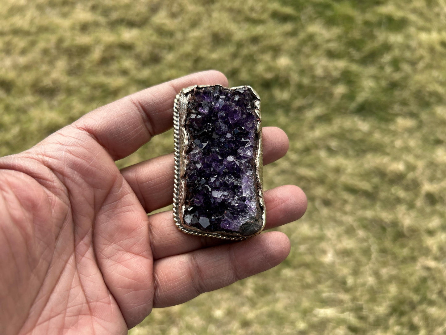 Heavy Large Raw Amethyst Natural Stone Tibetan Silver Pendant, Healing Stone Pendant for Necklace, Hill Tribe Jewelry, Birthstone Jewelry