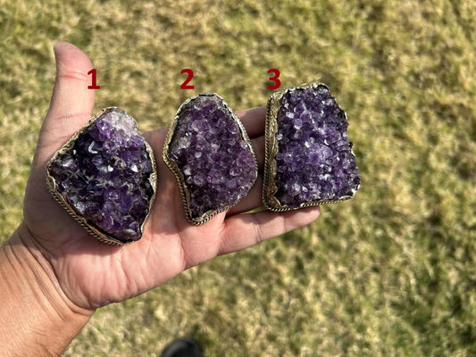 Heavy Large Raw Amethyst Druzy Natural Stone Tibetan Silver Pendant, Healing Pendant, Hill Tribe Jewelry, Birthstone Pendant, Clip Open Bail