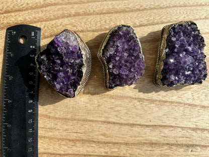 Heavy Large Raw Amethyst Druzy Natural Stone Tibetan Silver Pendant, Healing Pendant, Hill Tribe Jewelry, Birthstone Pendant, Clip Open Bail