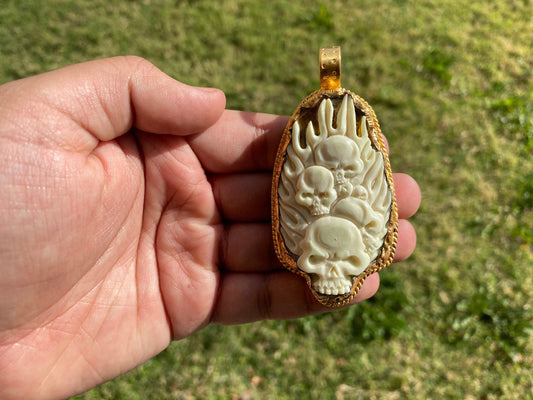 Skull with Fire Bone Pendant, High Quality 18K Brushed Gold Overlay Non Tarnish, Unisex Biker Skull Pendant, Gift for Him, Gothic Jewelry