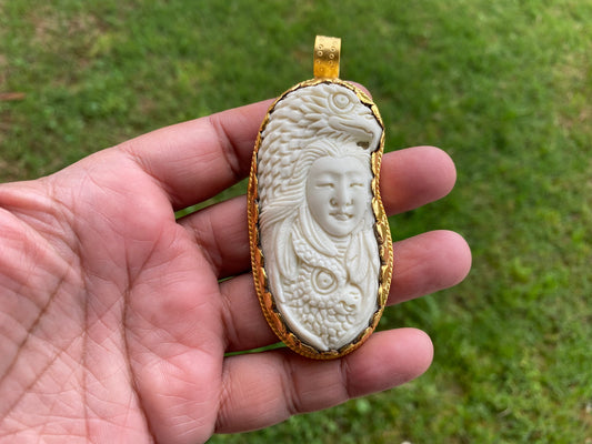 High Quality 18K Matte Gold Overlay Non Tarnish Large Eagle with Lady Face, Unisex Pendant, Tribal Jewelry, Himalayan Jewelry, Carved Animal