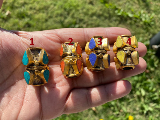 High Quality 18K Non Tarnish Brushed Gold Overlay Over Brass Tibetan Focal Beads, Turquoise, Lapis, Coral or Inlay, Tibetan Designs