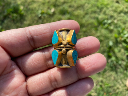 High Quality 18K Non Tarnish Brushed Gold Overlay Over Brass Tibetan Focal Beads, Turquoise, Lapis, Coral or Inlay, Tibetan Designs