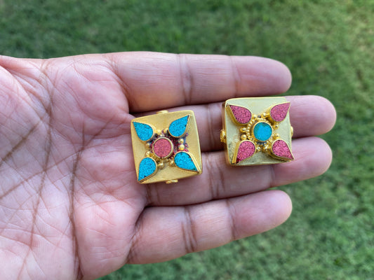 Nepal Beads, High Quality 18k Brushed Gold Overlay with Anti Tarnish,Turquoise with Coral Inlay Necklace Bead,Himalayan Handmade Ethnic Bead