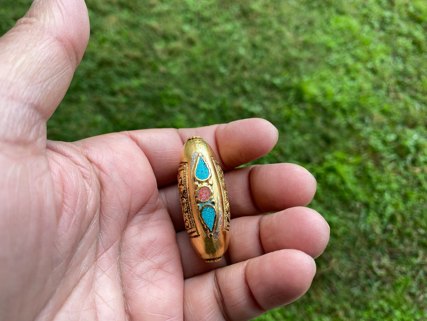 Himalayan Bead,18K Brushed Gold Overlay, Coral & Turquoise Inlaid, Handmade Tibetan Bead, Tribal Jewelry, Ethnic Beads, Necklace Focal Bead