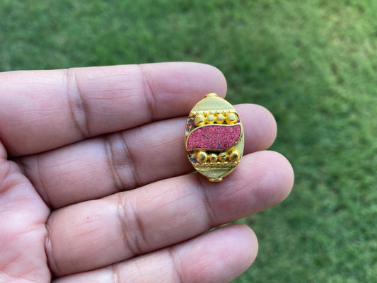 Himalayan Bead, 18k Brushed Gold Overlay Over Brass, Coral Inlay, Handmade Mala Bead for Necklace, Prayer Boho Bead, Jewelry Making Supplies
