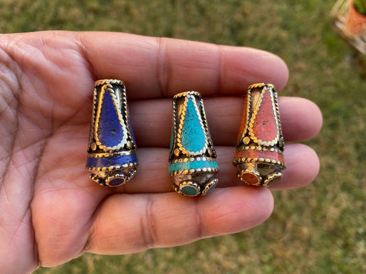 Himalayan Brass Mala Bead, Turquoise, Coral or Lapis Inlaid, Tibetan Beads for Necklace, Bracelet Charm, Guru Bead, Center Bead, Hill Tribe
