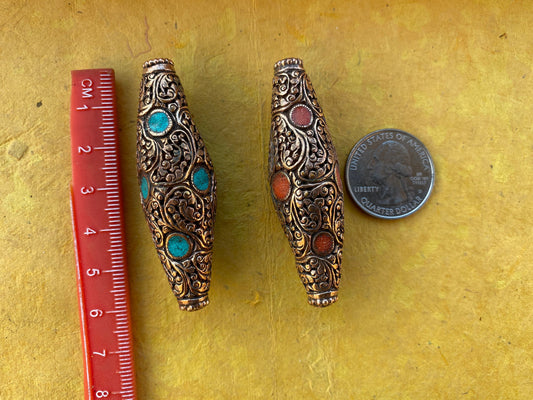 Himalayan Copper Center Bead, Turquoise or Coral Inlaid, Tibetan Beads for Necklace, Bracelet Charm, Guru Bead, Mala Bead, Ethnic Hill Tribe