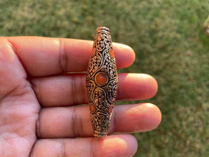 Himalayan Copper Center Bead, Turquoise or Coral Inlaid, Tibetan Beads for Necklace, Bracelet Charm, Guru Bead, Mala Bead, Ethnic Hill Tribe