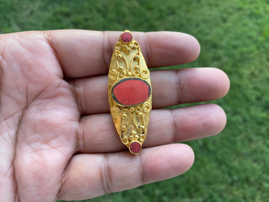 Himalayan Ethnic Beads, Brushed Gold Overlay Over Brass with Anti Tarnish Bead, Turquoise with Coral Inlaid, Handmade Guru Bead for Necklace