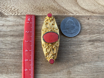 Himalayan Ethnic Beads, Brushed Gold Overlay Over Brass with Anti Tarnish Bead, Turquoise with Coral Inlaid, Handmade Guru Bead for Necklace