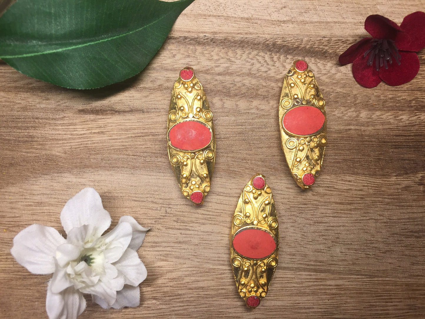 Himalayan Ethnic Beads, Brushed Gold Overlay Over Brass with Anti Tarnish Bead, Turquoise with Coral Inlaid, Handmade Guru Bead for Necklace