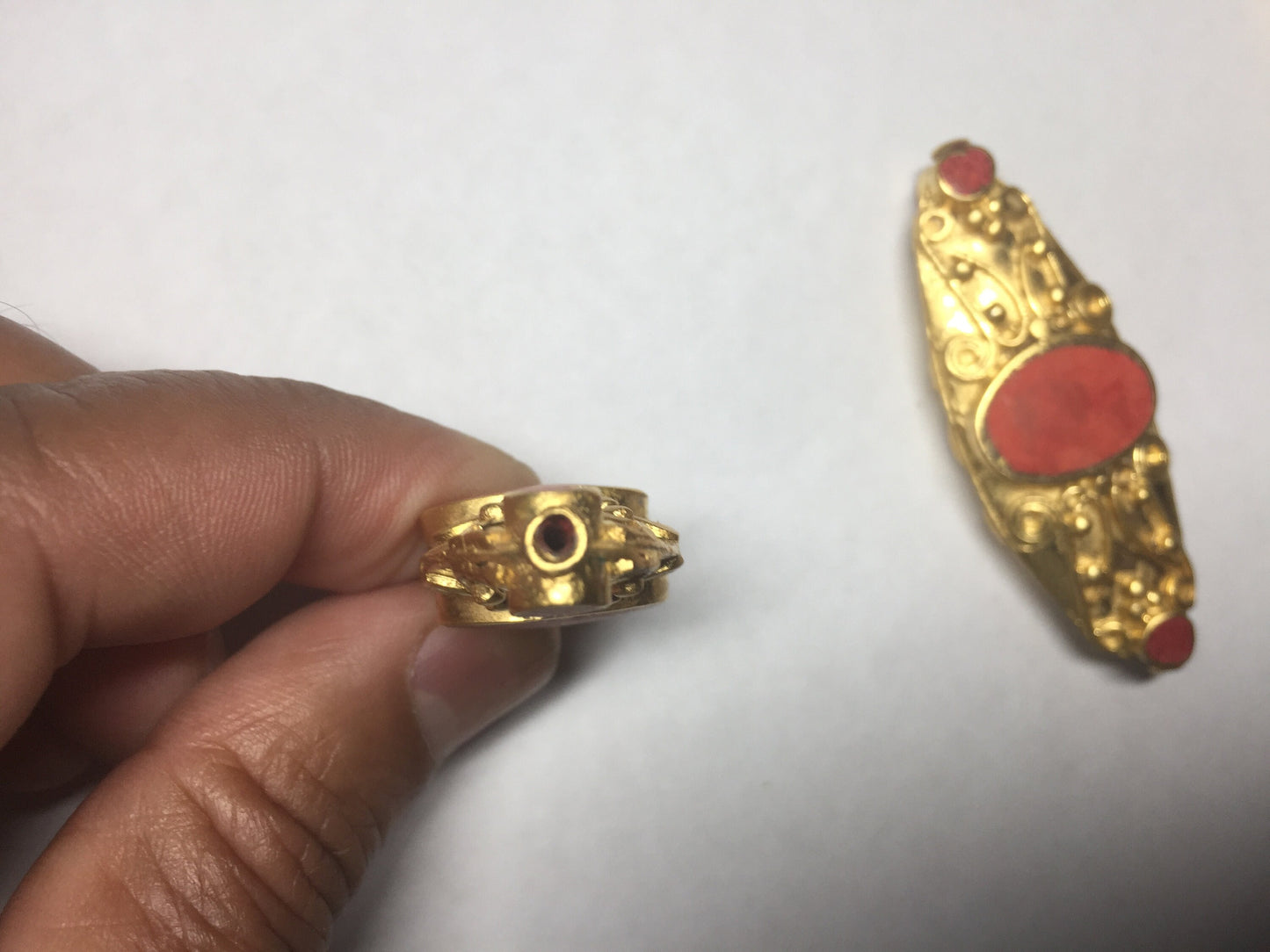 Himalayan Ethnic Beads, Brushed Gold Overlay Over Brass with Anti Tarnish Bead, Turquoise with Coral Inlaid, Handmade Guru Bead for Necklace