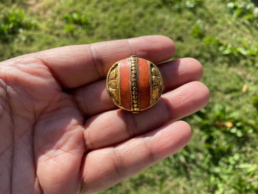 Himalayan Gold Beads, 18k Non Tarnish Brushed Gold Overlay Over Brass Bead, Turquoise with Coral Inlaid, Handmade Guru Bead for Necklace