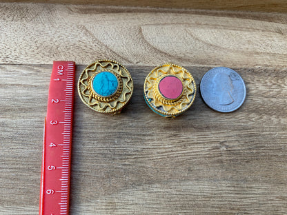 Himalayan Gold Beads, Brushed Gold Overlay Over Brass with Anti Tarnish Bead, Turquoise with Coral Inlaid, Handmade Guru Bead for Necklace