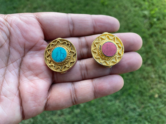 Himalayan Gold Beads, Brushed Gold Overlay Over Brass with Anti Tarnish Bead, Turquoise with Coral Inlaid, Handmade Guru Bead for Necklace