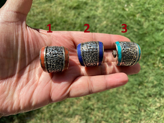 Himalayan Guru Beads, Tibetan Silver, Turquoise, Coral or Lapis Inlay, Beads for Necklace, Bracelet Charm, Mala, Center Bead, Hill Tribe