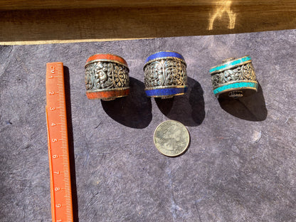 Himalayan Guru Beads, Tibetan Silver, Turquoise, Coral or Lapis Inlay, Beads for Necklace, Bracelet Charm, Mala, Center Bead, Hill Tribe