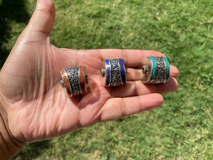 Himalayan Guru Beads, Tibetan Silver, Turquoise, Coral or Lapis Inlay, Beads for Necklace, Bracelet Charm, Mala, Center Bead, Hill Tribe
