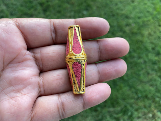 Himalayan Handmade Beads, 18K Brushed Gold Overlay over Brass with Anti Tarnish Bead, Coral Inlaid Bead for Necklace, Center Bead, Guru Bead