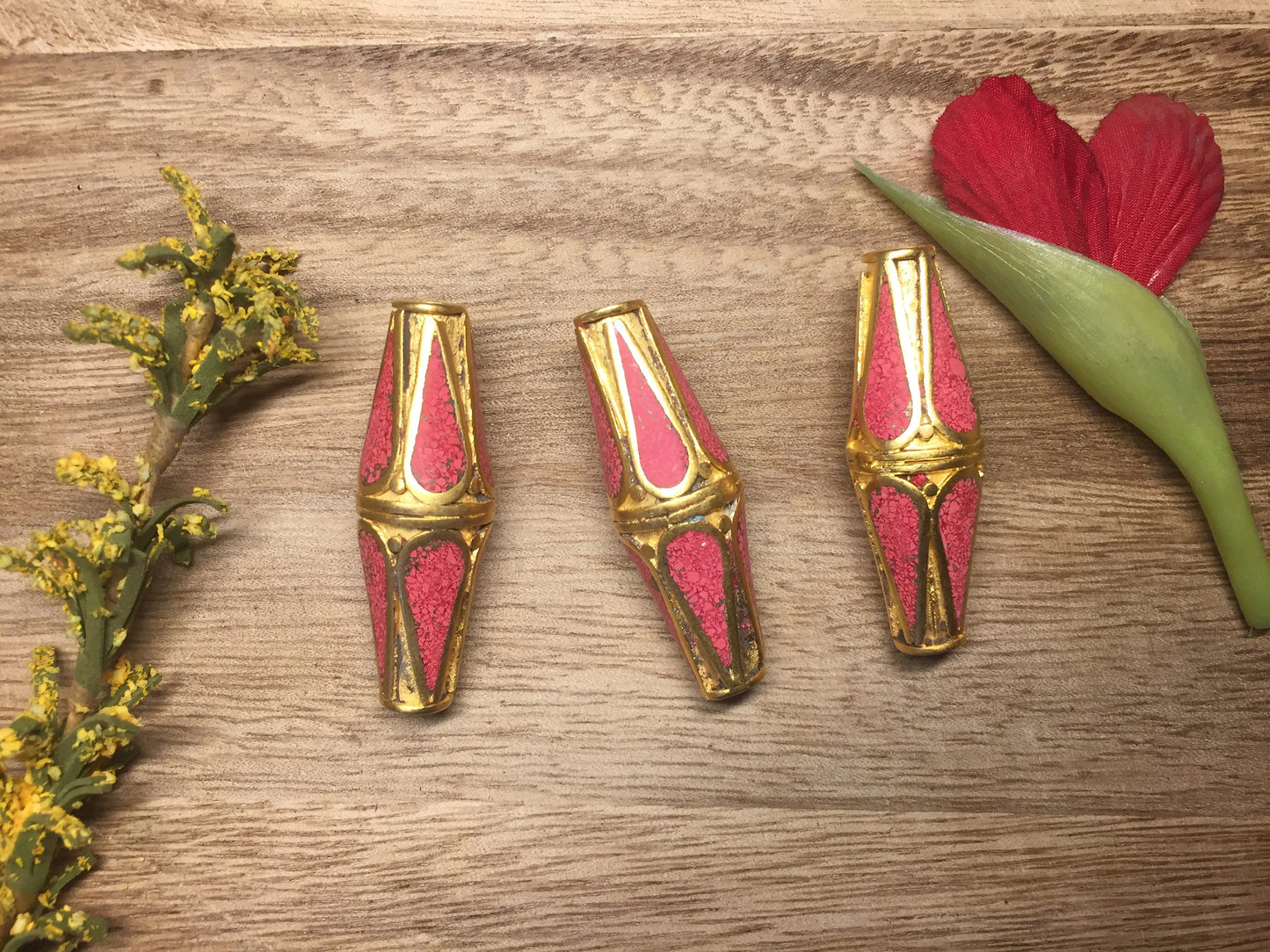 Himalayan Handmade Beads, 18K Brushed Gold Overlay over Brass with Anti Tarnish Bead, Coral Inlaid Bead for Necklace, Center Bead, Guru Bead