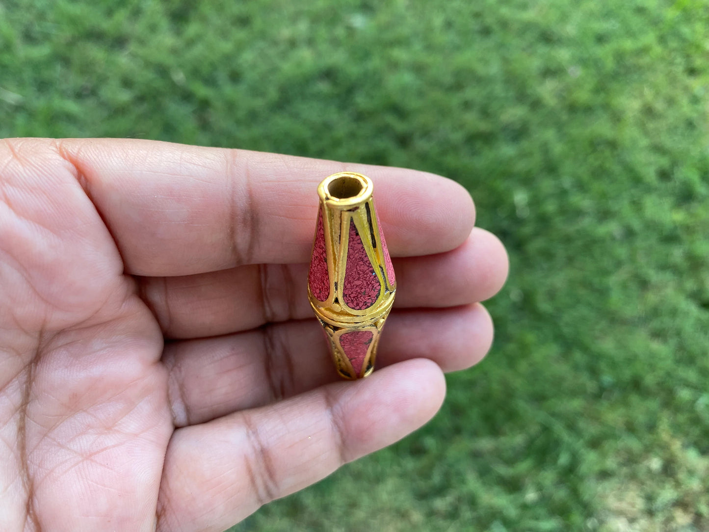Himalayan Handmade Beads, 18K Brushed Gold Overlay over Brass with Anti Tarnish Bead, Coral Inlaid Bead for Necklace, Center Bead, Guru Bead