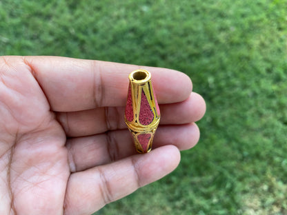 Himalayan Handmade Beads, 18K Brushed Gold Overlay over Brass with Anti Tarnish Bead, Coral Inlaid Bead for Necklace, Center Bead, Guru Bead