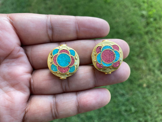 Himalayan Handmade Beads, 18K Brushed Gold Overlay over Brass with Anti Tarnish Bead, Coral with Turquoise Inlay Bead for Necklace/ Bracelet