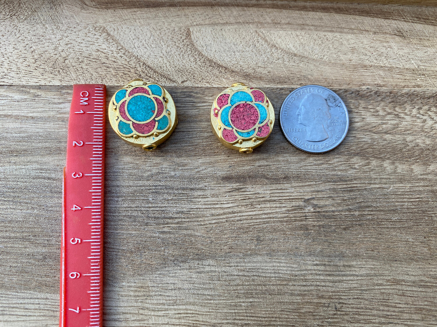 Himalayan Handmade Beads, 18K Brushed Gold Overlay over Brass with Anti Tarnish Bead, Coral with Turquoise Inlay Bead for Necklace/ Bracelet