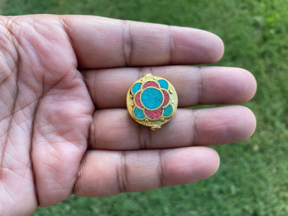 Himalayan Handmade Beads, 18K Brushed Gold Overlay over Brass with Anti Tarnish Bead, Coral with Turquoise Inlay Bead for Necklace/ Bracelet