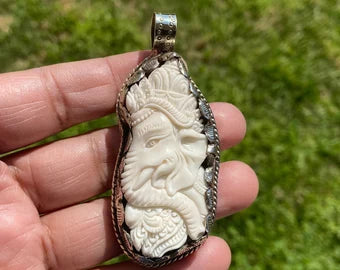 Hindu God Ganesh Carved Bone Tibetan Silver Pendant, Buffalo Bone, Yoga Pendant, Ethnic Jewelry, Tribal, Spiritual Pendant for Men or Women