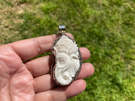 Hindu God Ganesh Carved Bone Tibetan Silver Pendant, Buffalo Bone, Yoga Pendant, Ethnic Jewelry, Tribal, Spiritual Pendant for Men or Women